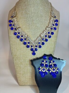 Cobalt NEW Bridal Party Blue Crystal Rhinestone Statement Necklace Earrings Set